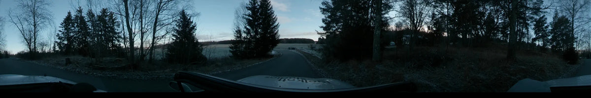 Tall evergreen trees line a paved road in Lennartsnäs, Sweden. This daytime shot from a car captures a clear autumn landscape with open fields.