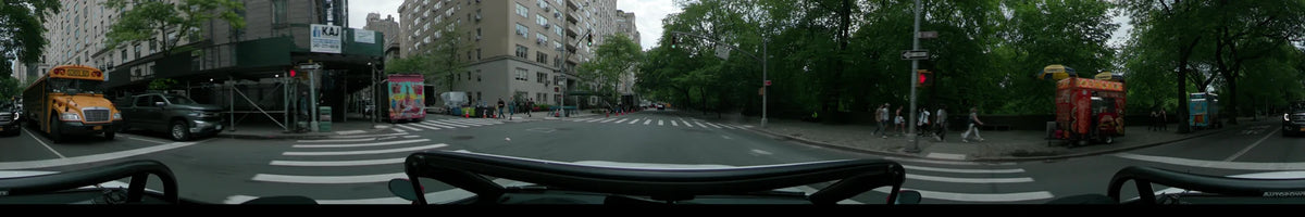 Lush spring greenery and tall residential buildings line a New York road where a car passes a crosswalk on a partly cloudy day.