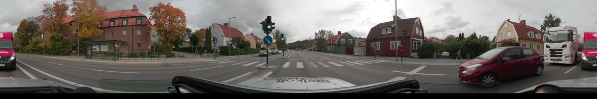 A residential street in Stockholm, Sweden, features red-roofed houses and a green traffic light. The car passes a pedestrian crossing under an overcast autumn sky.