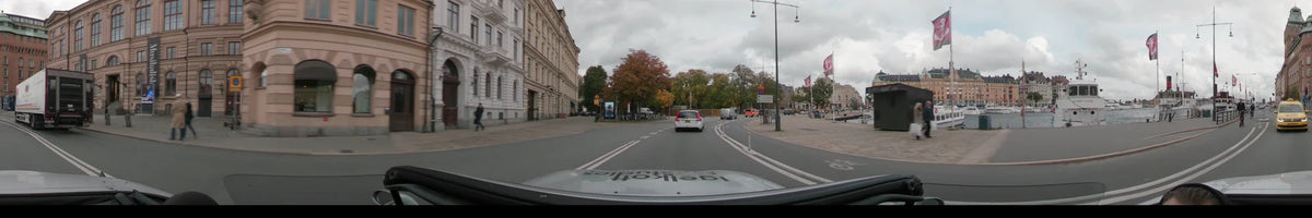 Directional signs for Djurgården and Stureplan are visible as a car drives past autumn trees and classical buildings in Stockholm, Sweden, during an overcast day.