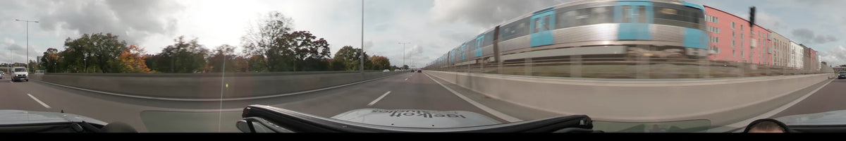 A train runs parallel to a car driving through Stockholm, Sweden, on an overcast autumn day, with trees lining the roadside.