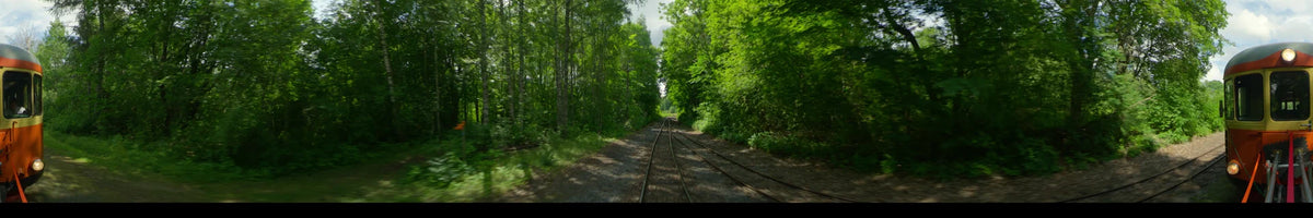 Daytime view from a train traveling along railway tracks through a dense green forest in Uppsala, Sweden, during a partly cloudy summer day.