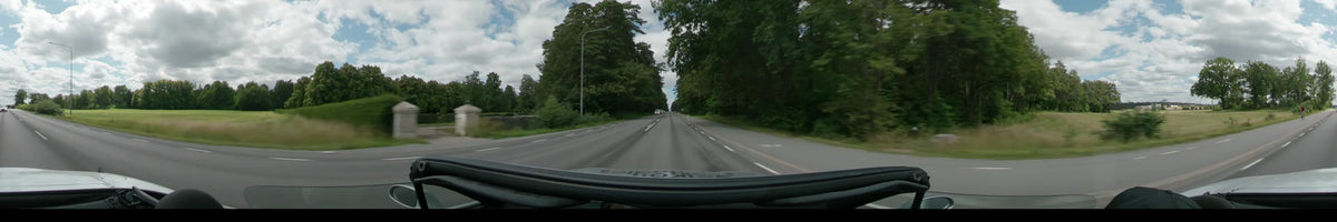 A multi-lane highway stretches through a lush green forest under a partly cloudy sky, with a distant white vehicle and tall street lamps lining the road.
