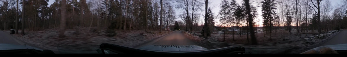 Leafless trees frame a paved road in Lennartsnäs, Sweden, while a car drives through the scenery on a clear autumn afternoon.