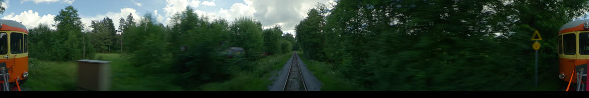 View from a train traveling along railway tracks through a dense green forest in Uppsala, Sweden, on a partly cloudy summer day.