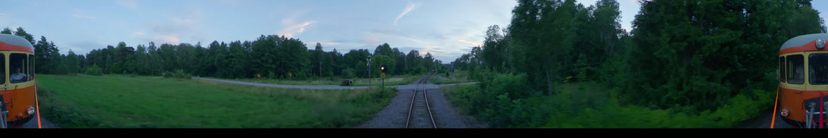 View from a train traveling through a green landscape in Uppsala, Sweden, during a partly cloudy summer afternoon, approaching a level crossing surrounded by dense forests.